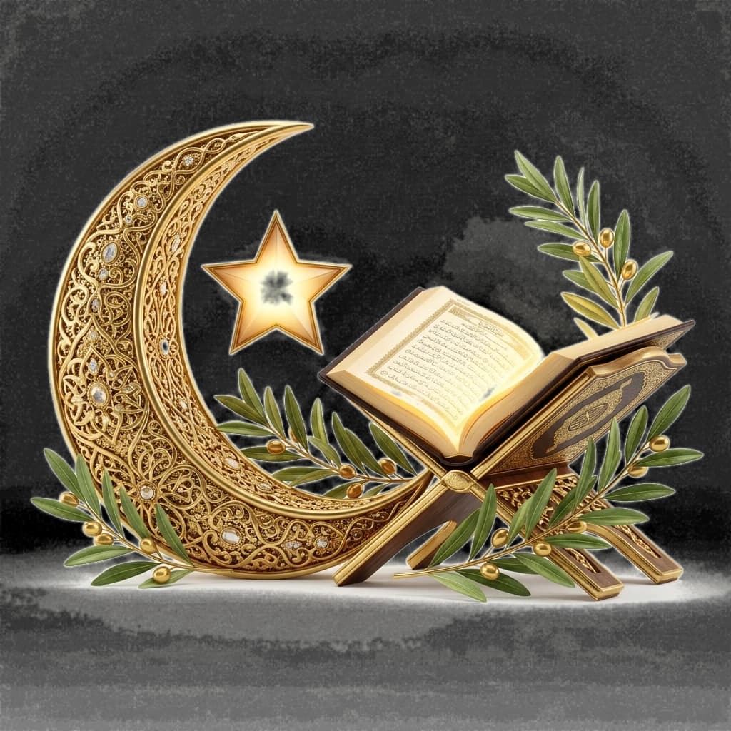 3D Golden Crescent Moon and Open Quran Mission Artwork