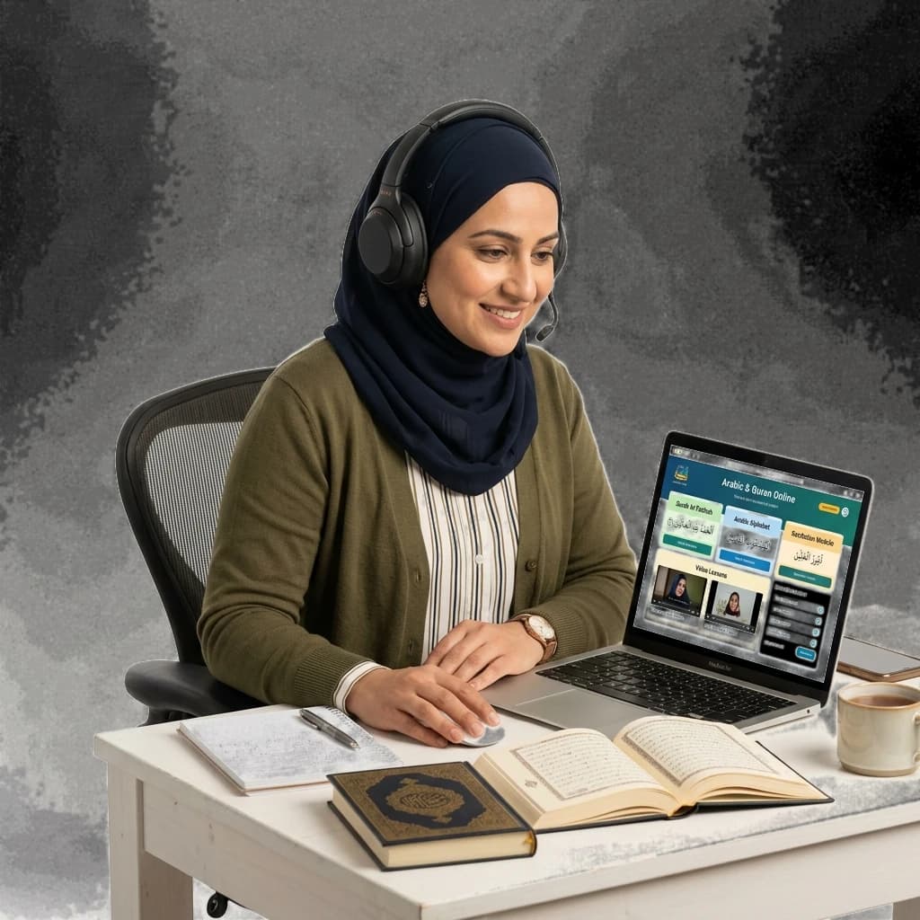 Adult student studying Arabic and Quran online with headphones