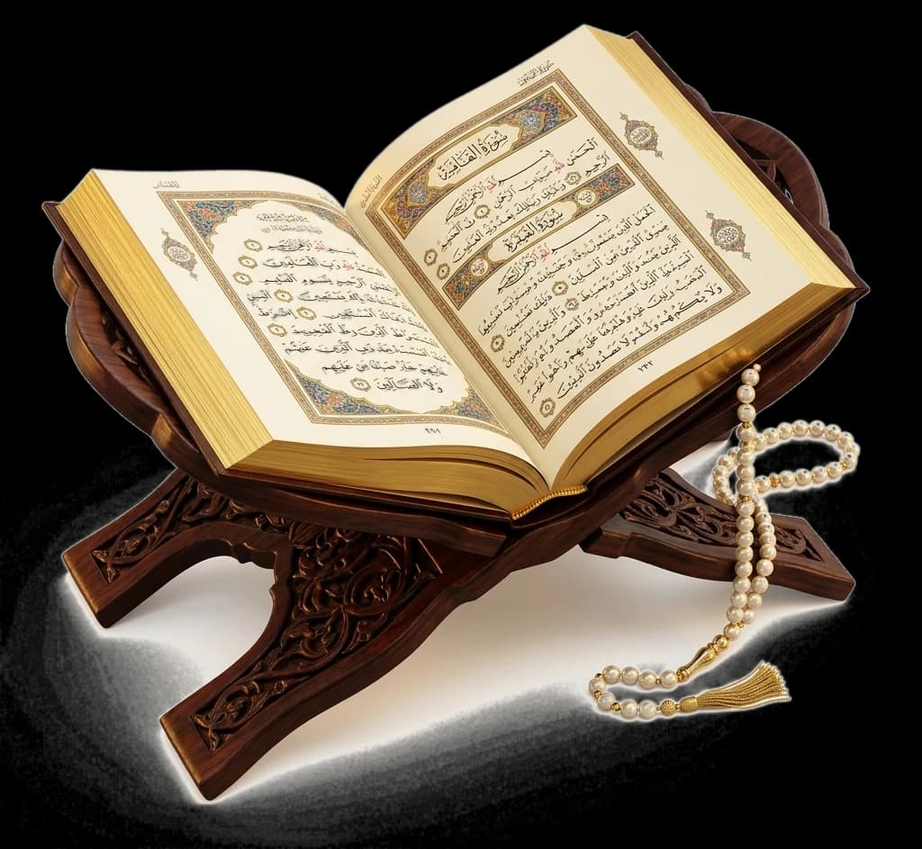 Open Holy Quran on a luxury carved wooden rehal stand with pearl prayer beads